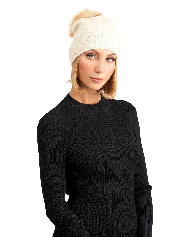 Cable Knit Cashmere Hat with Fox Fur Pompom