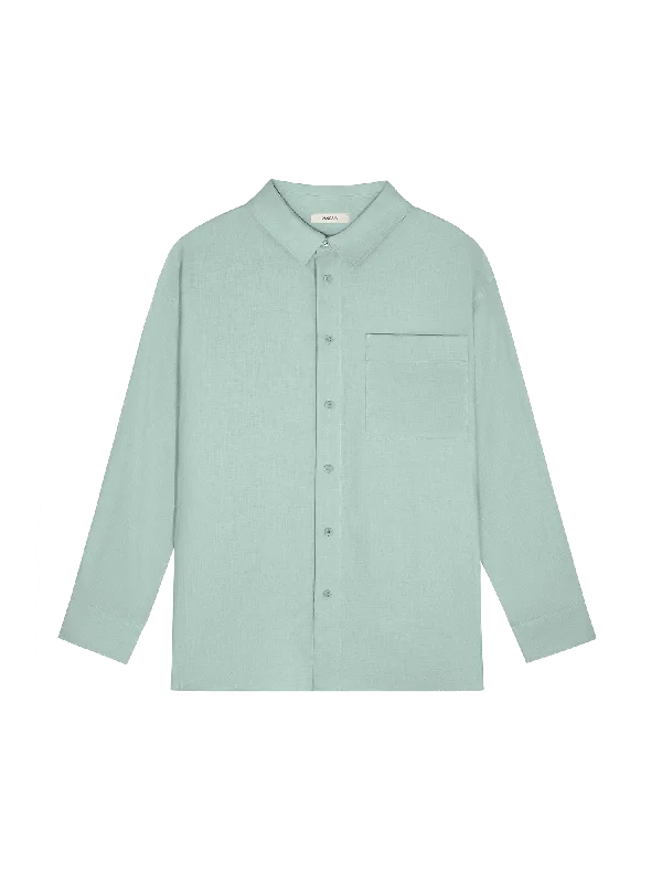 Womens DNA Aloe Linen Collared Long Sleeve Shirt—eucalyptus blue