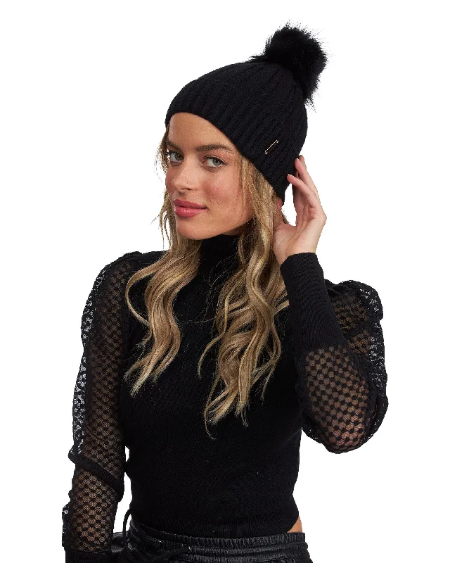 Knit Hat with Silver Fox Pompom