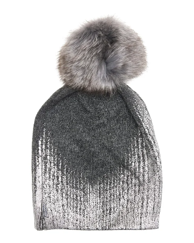 Metallic Wool Blend Knit Hat with Fox Pompom