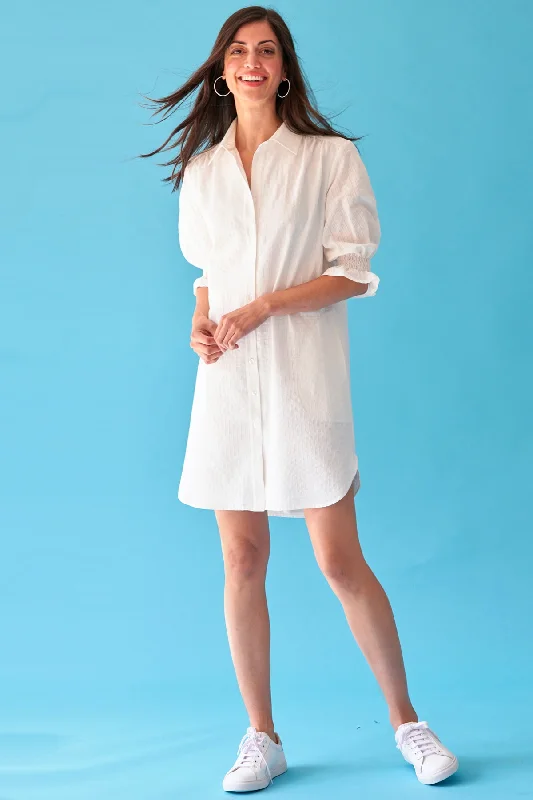 Miller Puff Sleeve Shirt Dress, White Eyelet Stripe - Lined