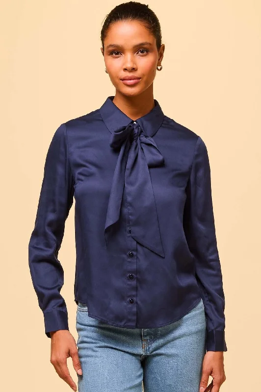 Satin Bow Blouse | Navy