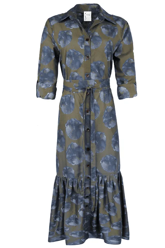 Trisha Maxi Tie Front Shirt Dress Olive Watercolor Pansy