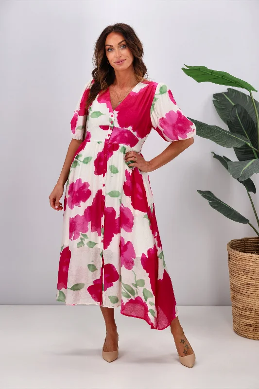 Fria Tosca Balloon Sleeve Dress Pink White Floral