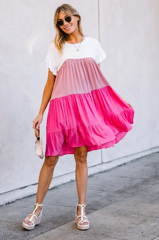 Pink Tiered Color Blocked Dress