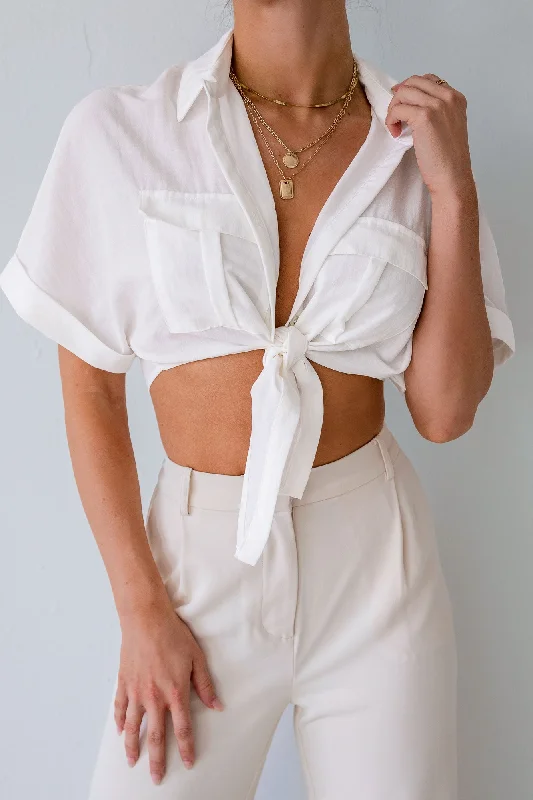 Let Me Know White Tie-Front Crop Top