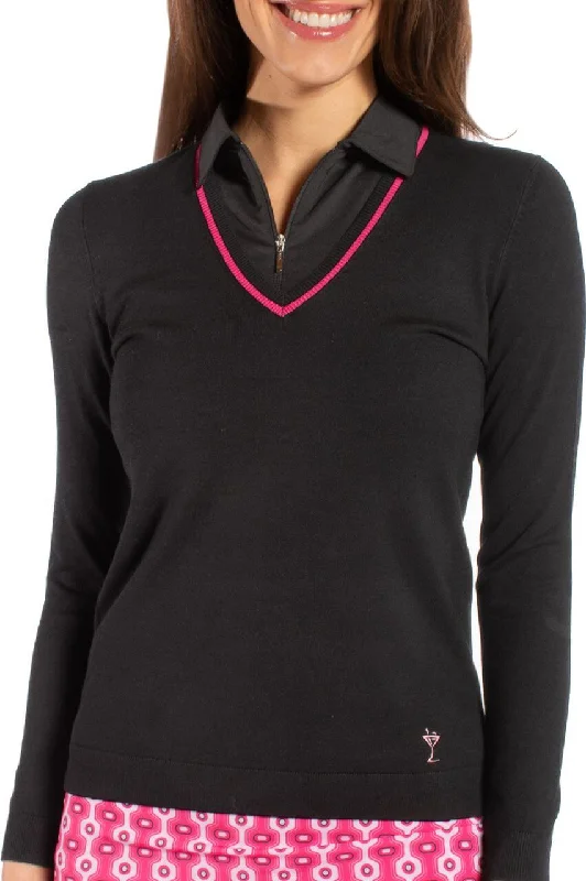 Black/Hot Pink Stretch V-Neck Sweater