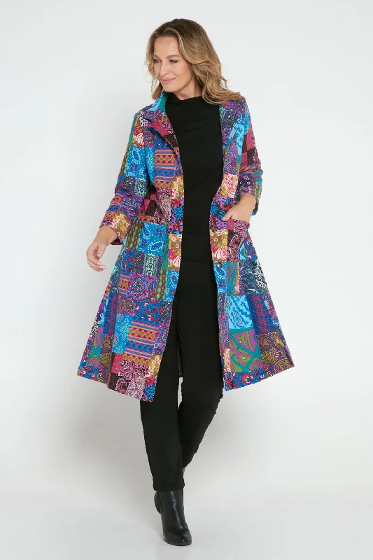 Carlton 3/4 Sleeve Fleece Lined Coat - Blue Patchwork