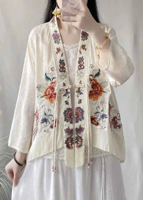 Chinese Style White Tasseled Embroideried Linen Silk Cardigans Spring