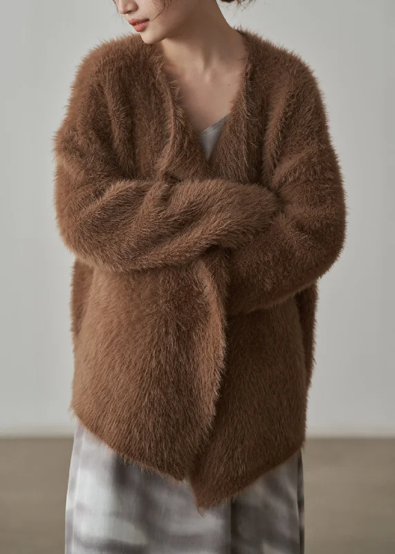 Coffee Chunky Mink Hair Knitted Cardigan V-Neck Long Sleeve