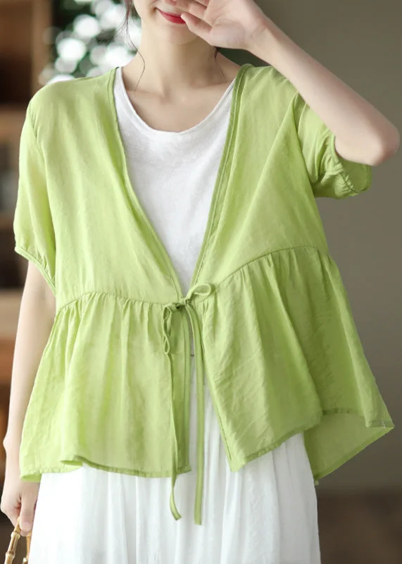 Cute Green V Neck Tie Waist Cardigans Short Sleeve