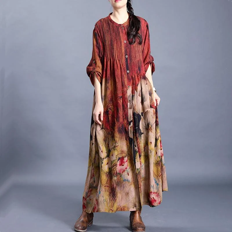 diy stand collar wrinkled Fashion clothes red print daily cardigan