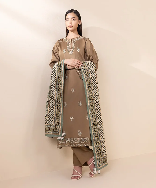 3 Piece - Embroidered Cotton Satin Suit