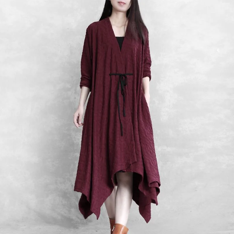 Vintage fall knit outwear burgundy Jacquard tie waist asymmetric coats