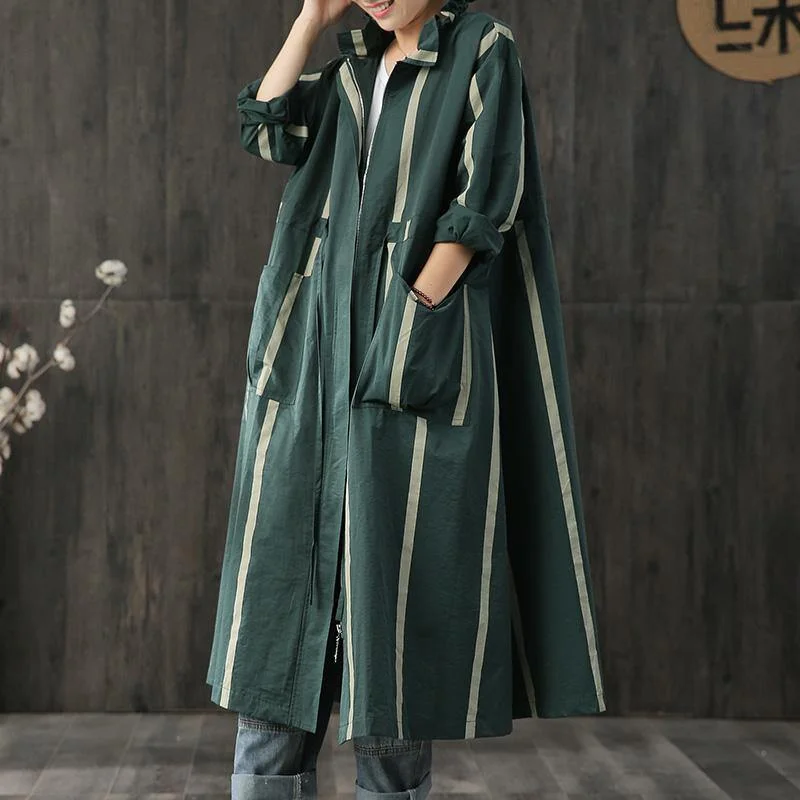 vintage green striped coats trendy plus size long fall zippered pockets