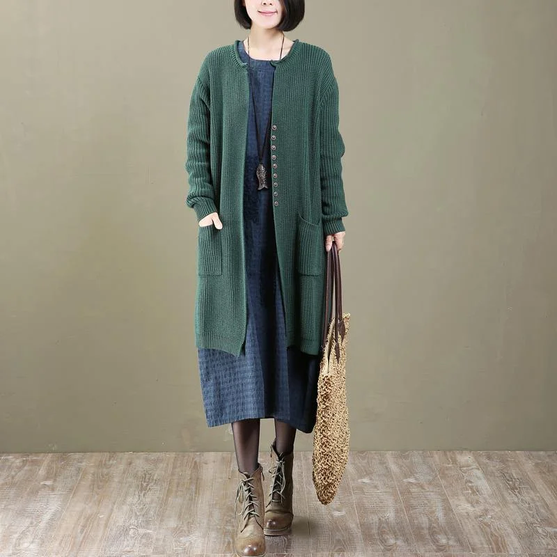 vintage green V neck knit cardigans long sweater coats