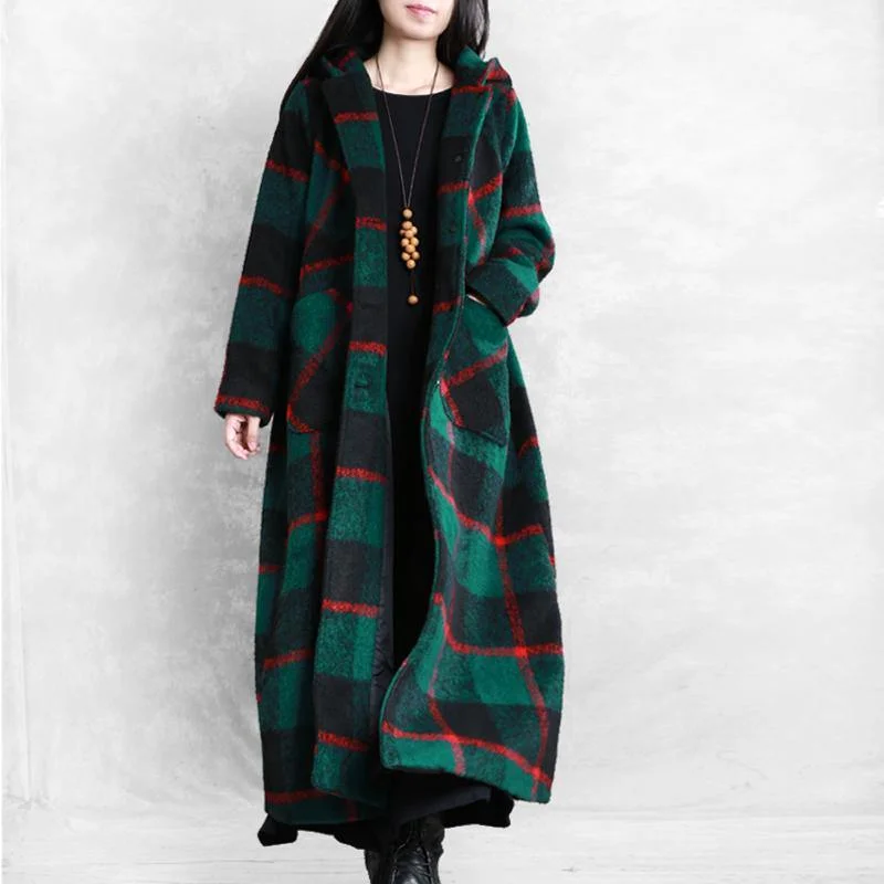 Vintage Plus Size Winter Coat Women Coats Green Plaid Notched Button Woolen Coat Women