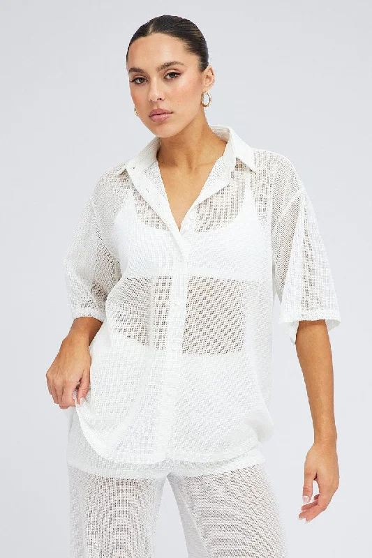 White Collar Knit Top Short Sleeve