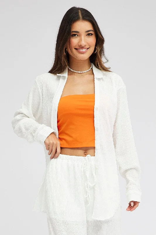 White Textured Shirt Long Sleeve Collared Neck