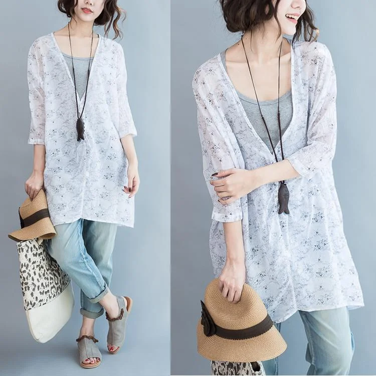 White V neck floral shirts oversize cardigans long sleeve cotton coats