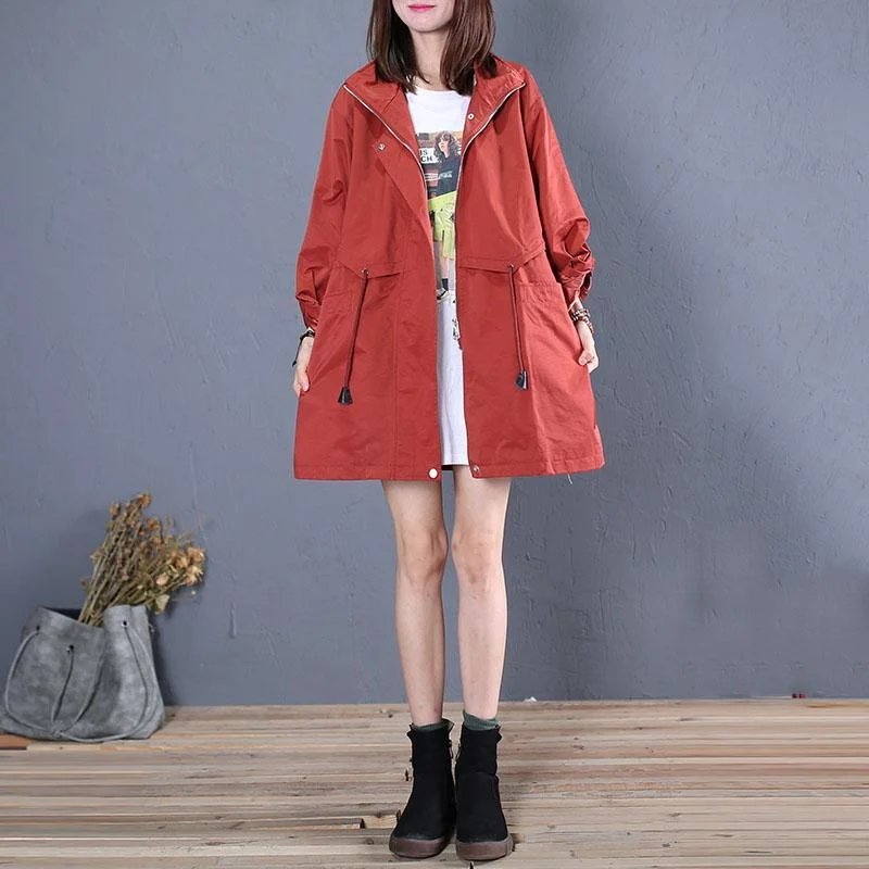 women red Coats Women trendy plus size mid-length coats fall jackets drawstring