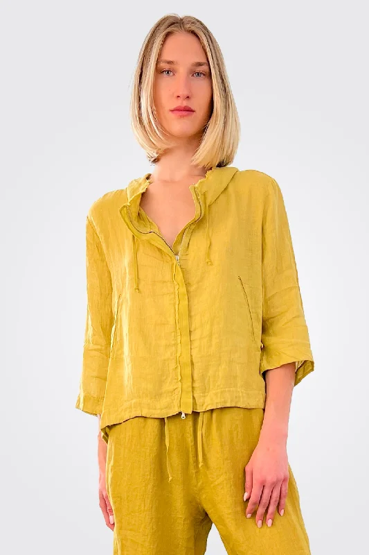 Zipped Hooded Linen Jacket - Lime