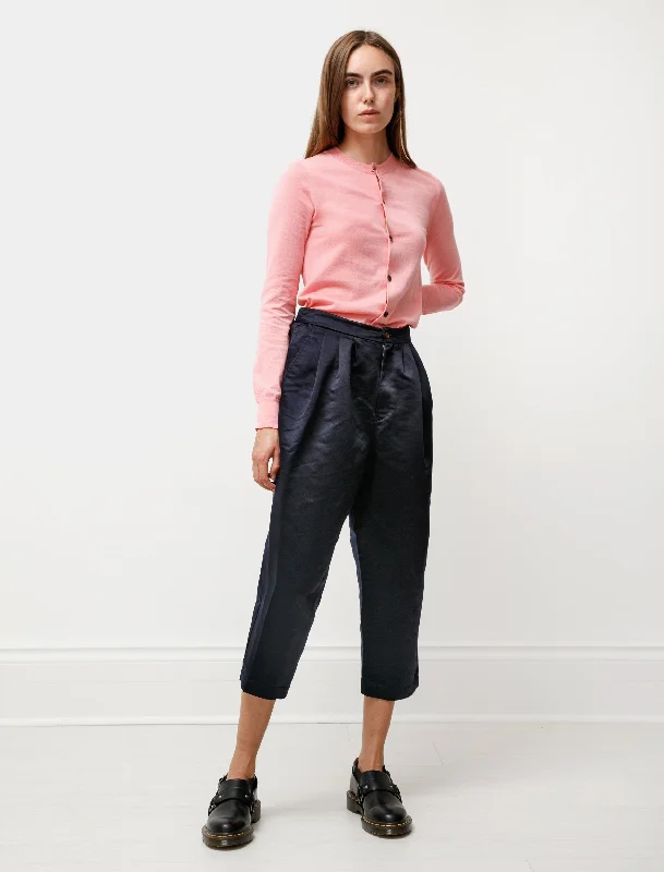 Thick Satin Pleated Trousers Navy