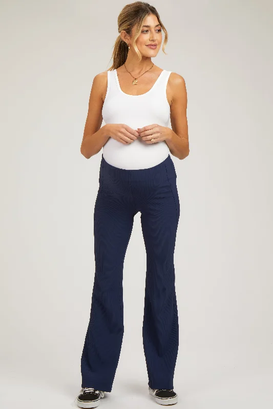 Navy Blue Ribbed Maternity Flared Leggings