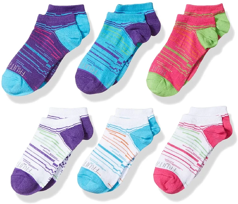 Fruit Of The Loom Girls 6 Pack No Show Socks, M, White/Multi