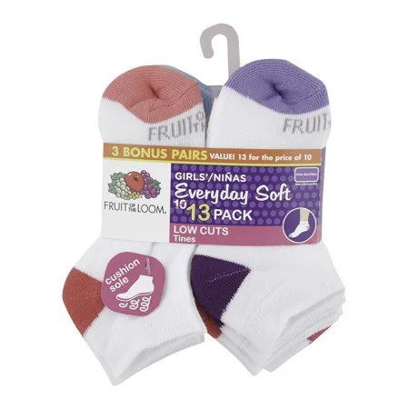 Fruit Of The Loom Girls Low Cut Socks 13 Pack, M, White/Multi